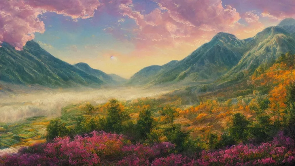 Image similar to The most beautiful panoramic landscape, oil painting, where a giant dreamy waterfall creates a river, it is winding its way through the valley and the trees are starting to bloom in pink colors, the mountains are towering over the valley below their peaks shrouded in mist, the sun is just peeking over the horizon producing an awesome flare and the sky is ablaze with warm colors and stratus clouds, by Greg Rutkowski, aerial view