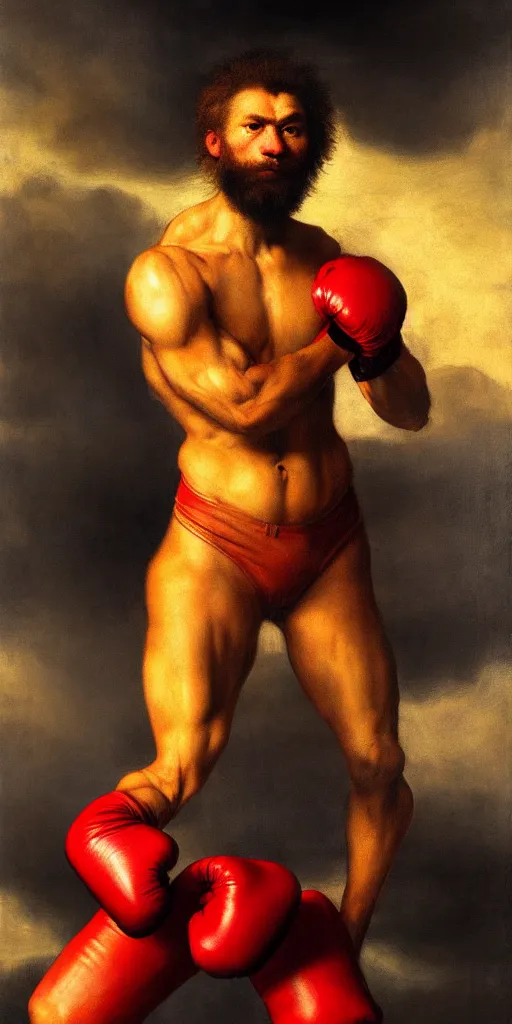 Prompt: muscular lion as a boxer champion with boxing gloves , full human hairy body , strong cinematic sun backlight sunrays body , extreme very textured detailed vertical portrait oil painting by rembrandt, sunset in far background , dramatic clouds and red atmosphere