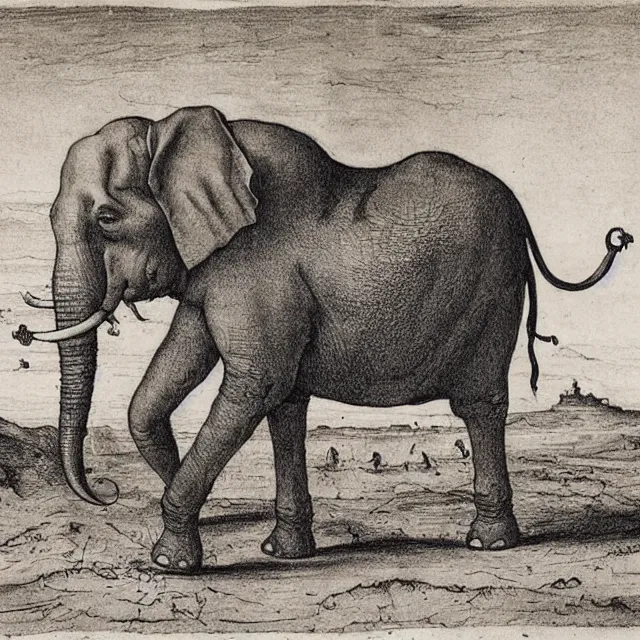 Image similar to a detailed, intricate drawing of a heavily armored elephant on a beach, by albrecht durer