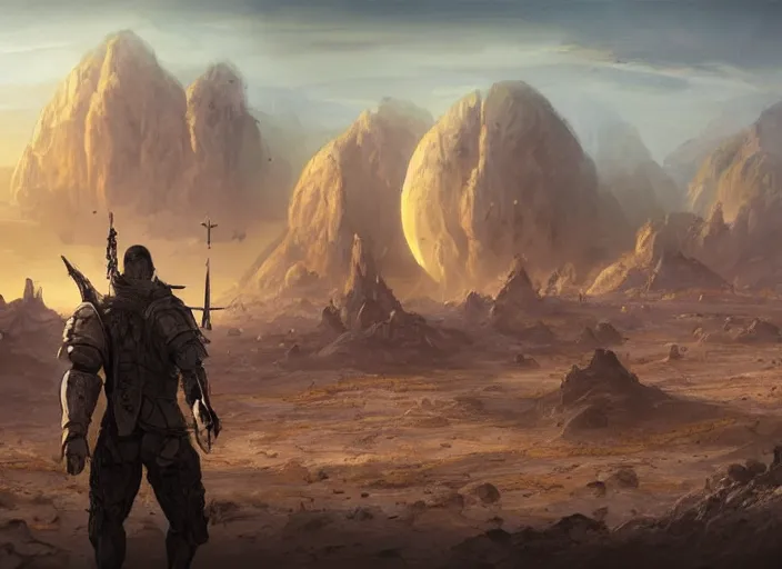 Image similar to detailed concept illustration, matte painting, strong muscular older soldier roaming through desert with city in the skyline, two suns, purple sky orange colors, ant aliens at the horizon, sharp focus, illustration, highly detailed, digital painting, concept art, matte, art by wlop and artgerm and greg rutkowski, masterpiece