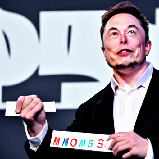 Prompt: a medium shot photograph of elon musk holding a sign with the word soon on it, 4k, ultra HD