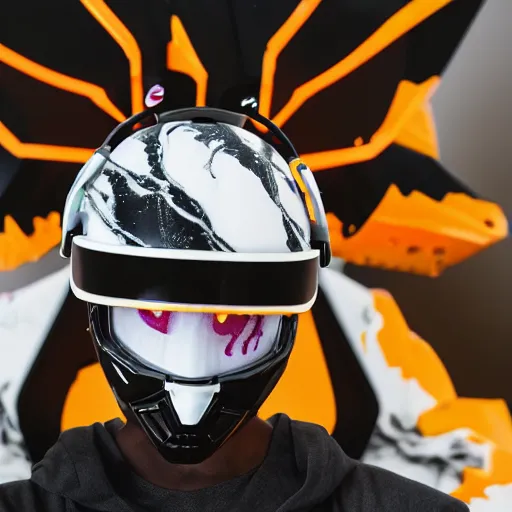 Image similar to extremely beautiful photo of a white marble statue of an anime black man with colorful motocross logos and motorcycle helmet with closed visor, colorful smoke in the background, carved marble statue, fine art, neon genesis evangelion, virgil abloh, offwhite, highly detailed, 8 k, hyperreal