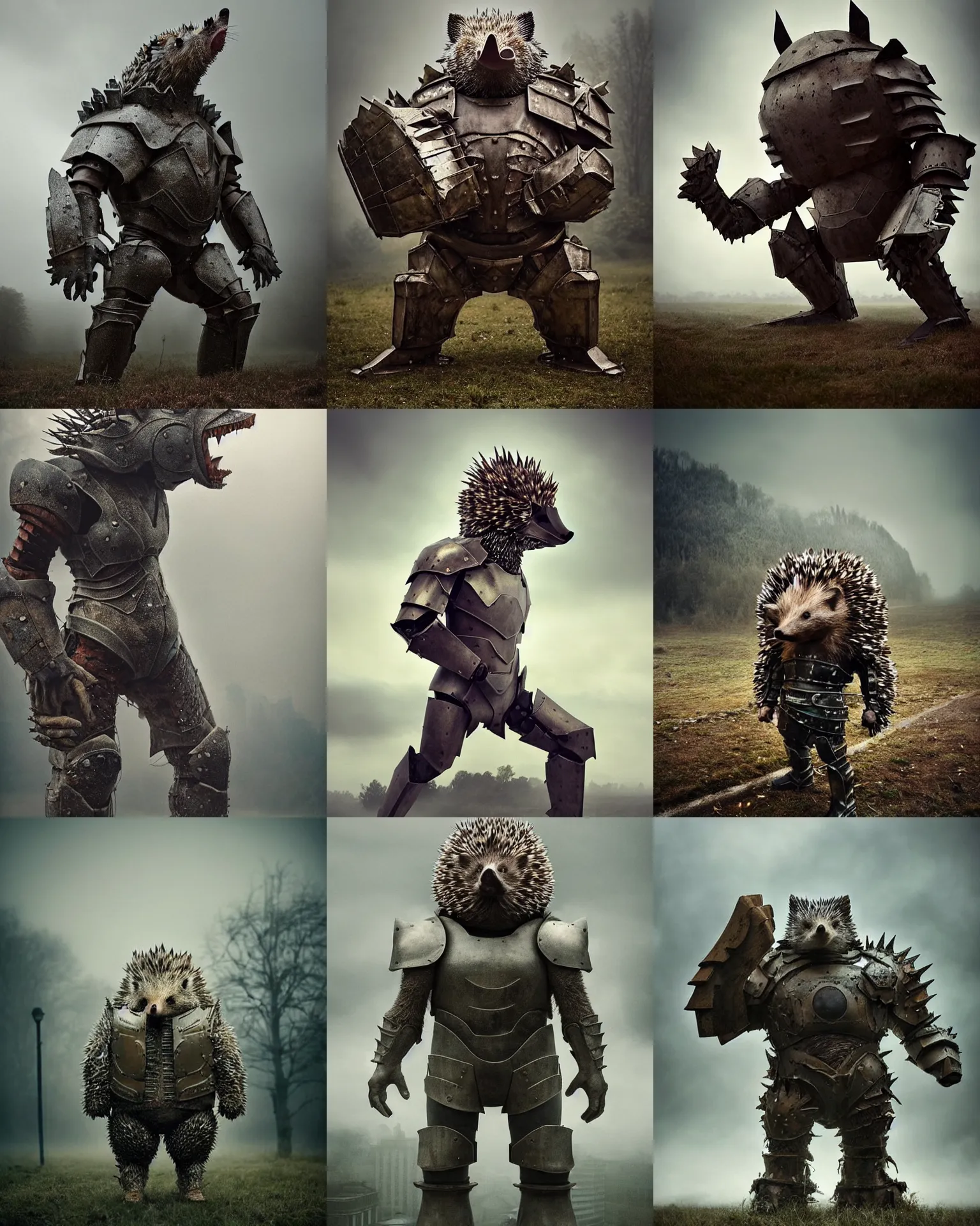Prompt: epic pose!!! giant oversized battle armor hulded anthropomorphic hedgehog rugged hulked, in village, full body, cinematic focus, polaroid photo, vintage, neutral dull colors, soft lights, foggy mist, by oleg oprisco, by thomas peschak, by discovery channel, by victor enrich, by gregory crewdson