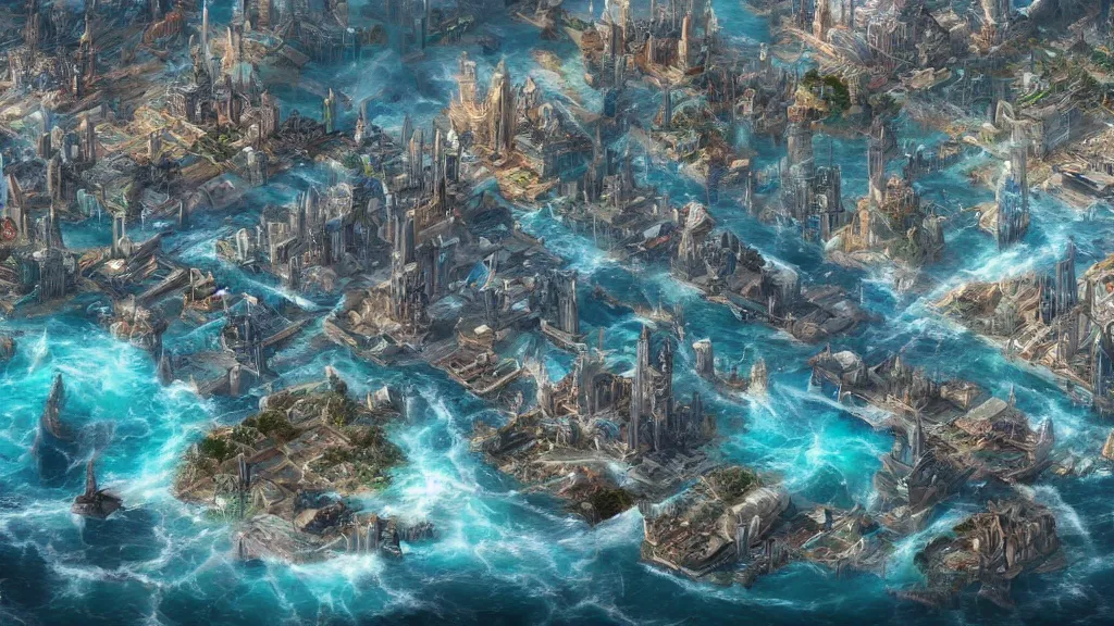 Image similar to A large Fantasy city in the middle of the ocean, trending artstation, 8k, highly detailed, matte painting, concept art