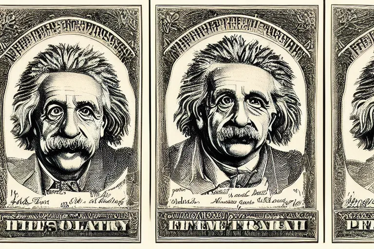 Image similar to an engraved portrait of albert einstein, detailed!!! copper - plate engraving in the style of money bills, fine!!! lines, engraved by alfred sealey, bureau of engraving and printing