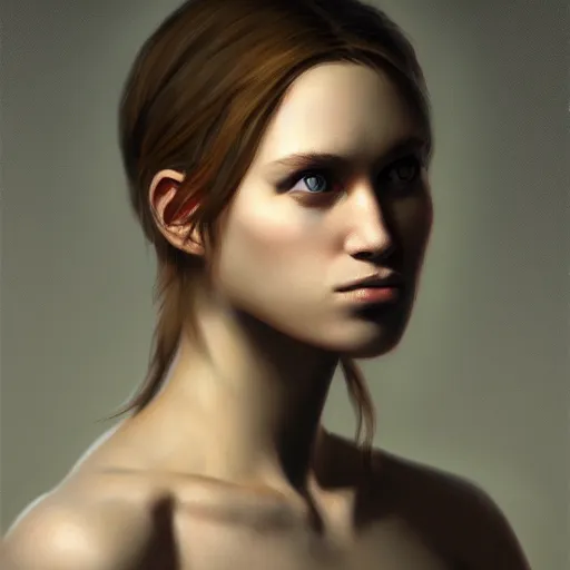 Image similar to a young woman, dramatic lighting, chiaroscuro, high detail, painted by romain jouandeau, trending on artstation