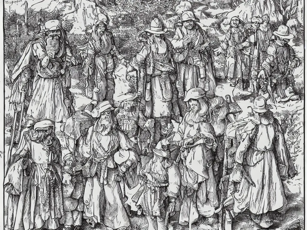 Prompt: Beautiful isometric print of a few Lego Figurines walking around in the Sonora Desert Arizona landscape in the style of Albrecht Durer and Martin Schongauer and Alphonse Mucha, high contrast!! finely carved woodcut engraving black and white crisp edges