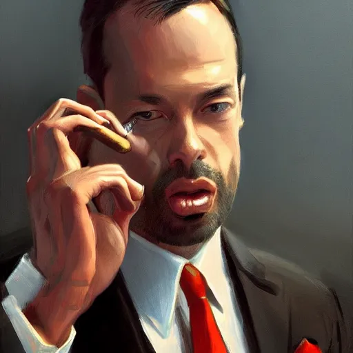 Prompt: andrew tate wearing a suit smoking a cigar on his mouth, dramatic lighting, cinematic, establishing shot, extremly high detail, photorealistic, cinematic lighting, artstation, style by James Gurney