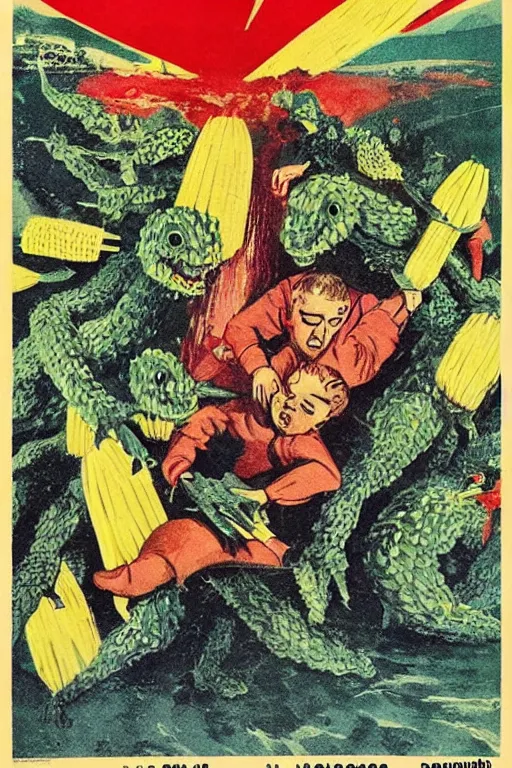 Prompt: a 1960s soviet propaganda poster about the dangers of giant rampaging corn monsters