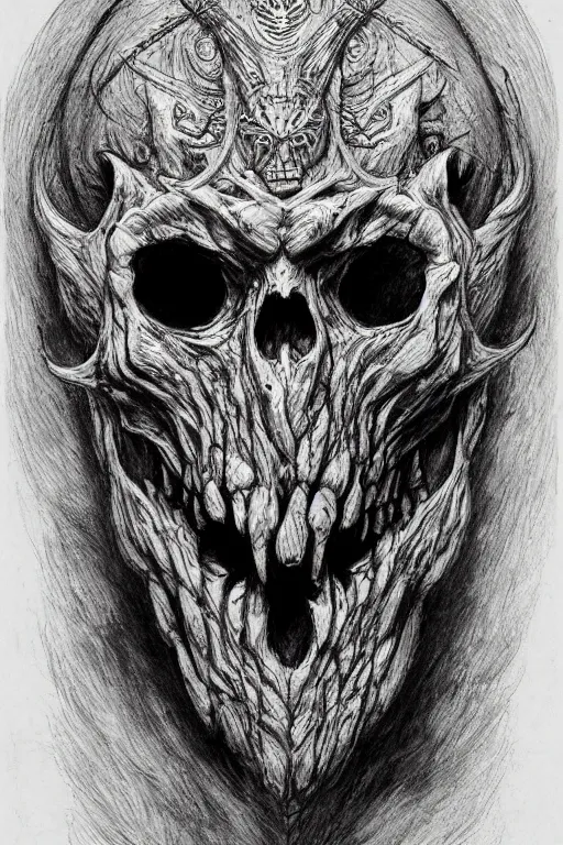 Image similar to ancient slavic tribal shaman animal skull mask demon head album cover hyper detailed concept art sheet crosshatch sketch illustration art style by Jonathan Wayshak and Toshihiro Egawa and Zdizslaw Beksinski and Artstation trending 8k