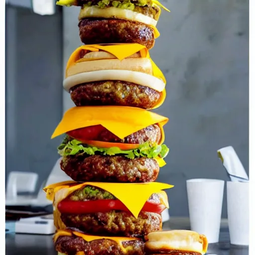 Image similar to a cheeseburger tower made of gigantic stacks of meat patties and cheese slices with a bun on each side, delicious looking burger - stack - tower