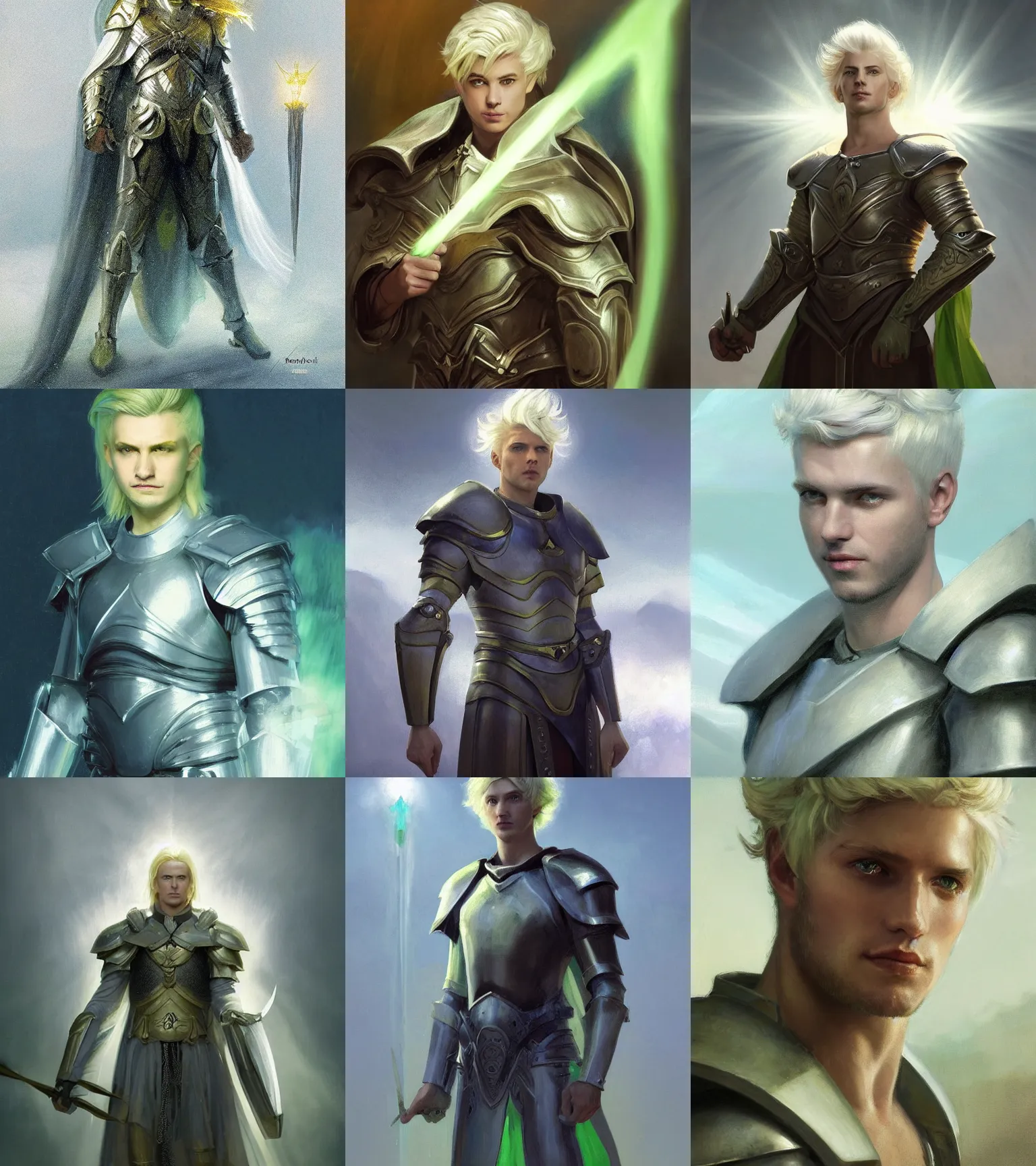 Prompt: Portrait of an Aasimar man wearing a paladin garb with light green eyes short platinum blonde hair a kind face a halo of light over his head and a distantly hopeful expression, cinematic lighting, detailed, beautiful, illustration by Greg Rutkowski, Andrei Riabovitchev Jean Giraud Tom Anders Zorn, Edward Hopper and Ilya Kushinov, Frederick Bacon, Tom Anders Zorn, John Collier, Vladimir Abat-Cherkasov