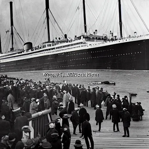 Prompt: a colored, wide shot, photo of the titanic docked in the port of Cobh in Ireland, passengers are seen entering the ship via the seaport passenger boarding bridge