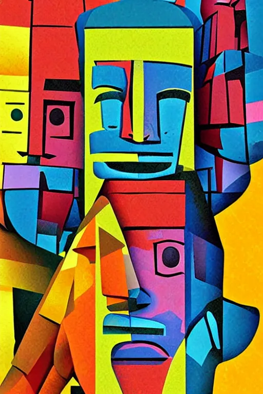 Image similar to cubist moai statue cutout digital illustration cartoon colorful beeple