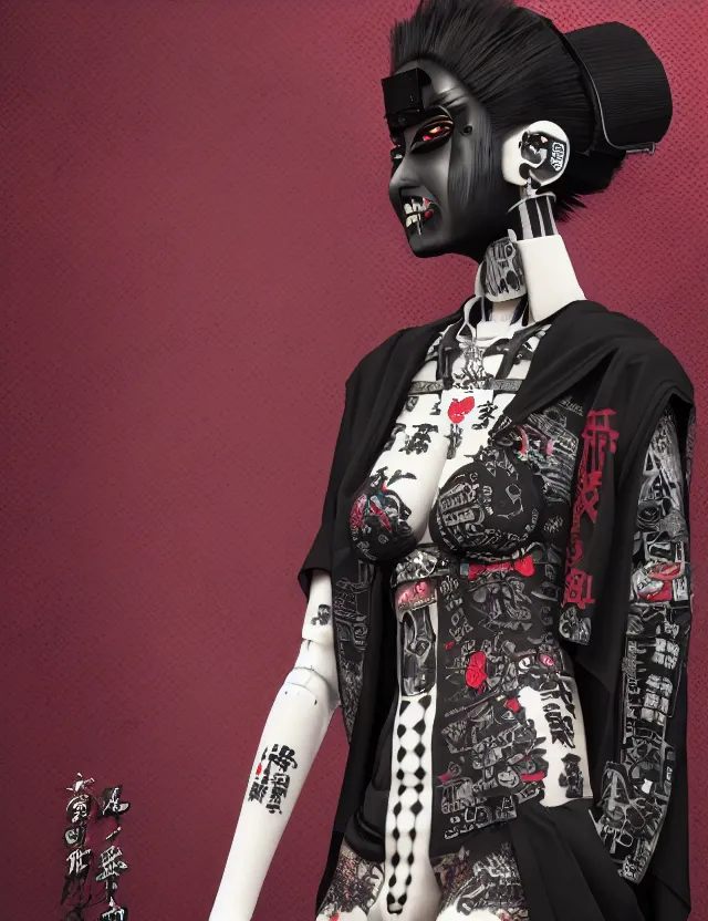 Image similar to full body portrait of a gothic style punk geisha robot with kanji tattoos and decals wearing a digital pixelated kimono, intricate design, photo - realistic, octane render, dark colour palette, ultra fine detailed, character design, trending on artstation