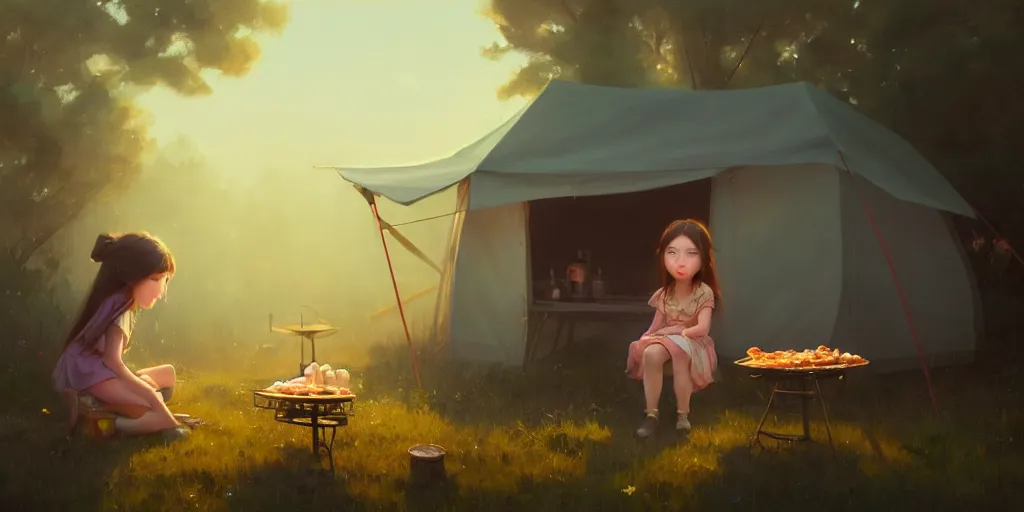 Image similar to big - eyed brunette sweet little girl looking sad in front of barbecue near tent at camp, extremely detailed digital painting, in the style of fenghua zhong and ruan jia and jeremy lipking and peter mohrbacher, mystical colors, rim light, beautiful lighting, 8 k, stunning scene, raytracing, octane, trending on artstation