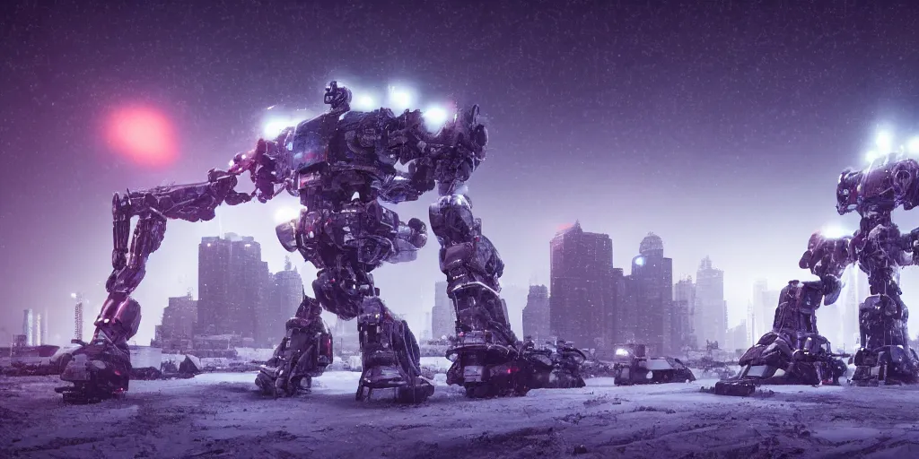 Image similar to a giant robot, megastructure, in a snowy land, render, 4 k, neon light