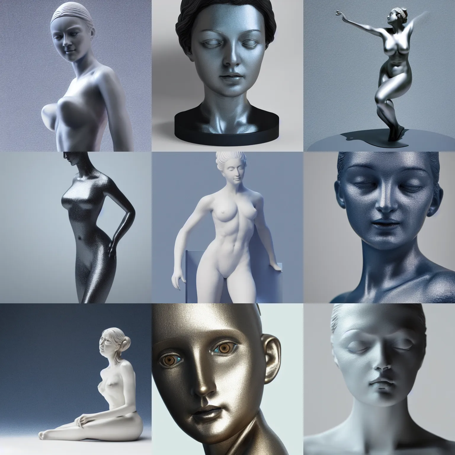 Prompt: ( statue the perfect woman ) designed by bach, studio photo, white backdrop, studio light, solid works, octane render, macro shot, in focus, dept of field, silver, blue, black design