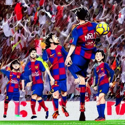 Image similar to messi scoring a goal anime style