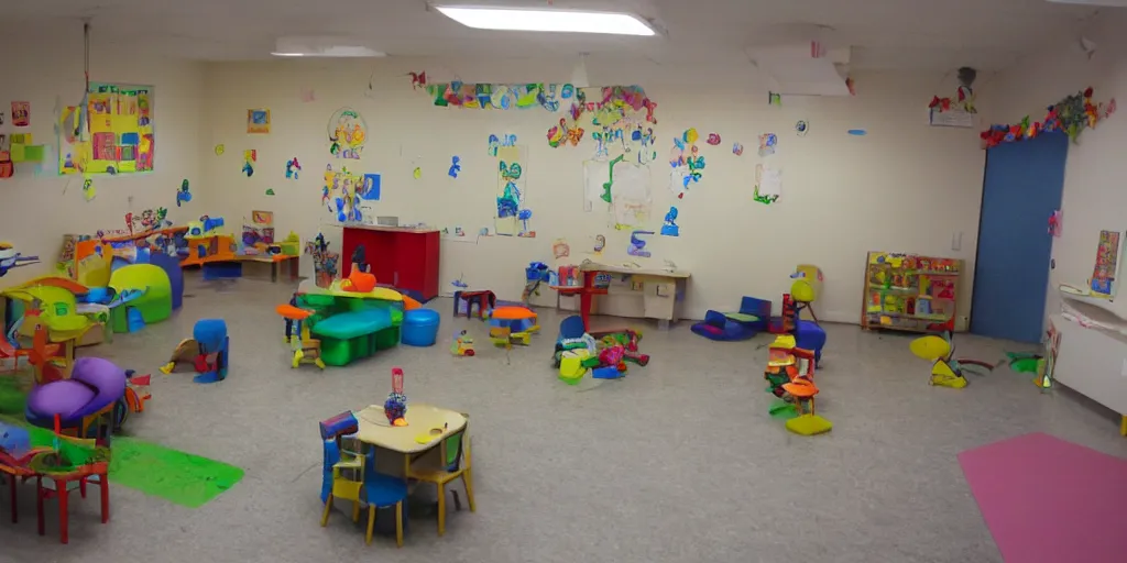 Image similar to childrens daycare indoors limital space, not well litt, creepy photo