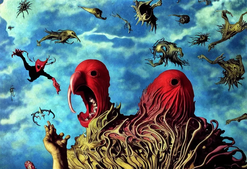 Image similar to realistic detailed portrait movie shot of a screaming birdman wearing black robes, sci fi landscape background by denis villeneuve, amano, yves tanguy, alphonse mucha, ernst haeckel, max ernst, roger dean, masterpiece, rich moody colours, snarling dog teeth, blue eyes