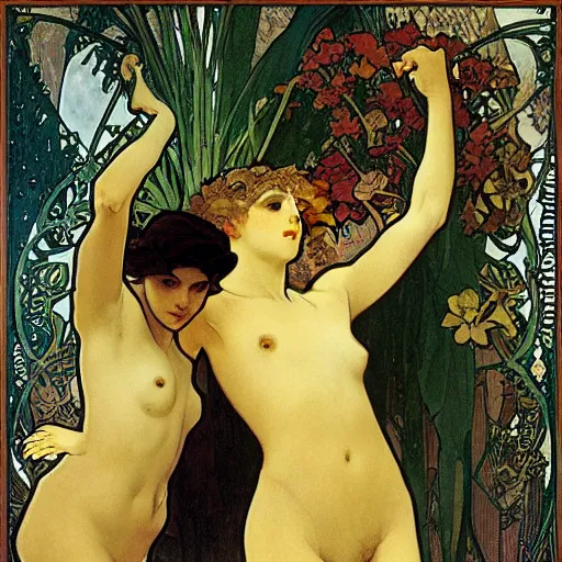 Image similar to narcissus and echo, painted by alphonse mucha