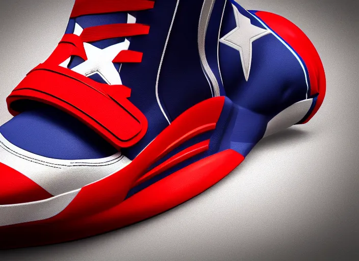 Prompt: basketball sneakers concept of captain america, digital, octane render, smooth, sharp focus