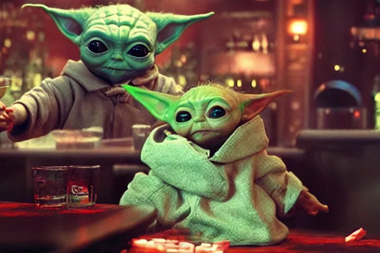 Image similar to baby yoda knocking back drinks at the night club and taking selfies with friends and a pile of cash in the background, movie promotion still, imax