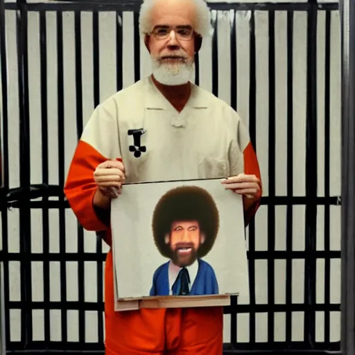 Image similar to jailphoto of a cute bob ross dressed as an inmate inside jail