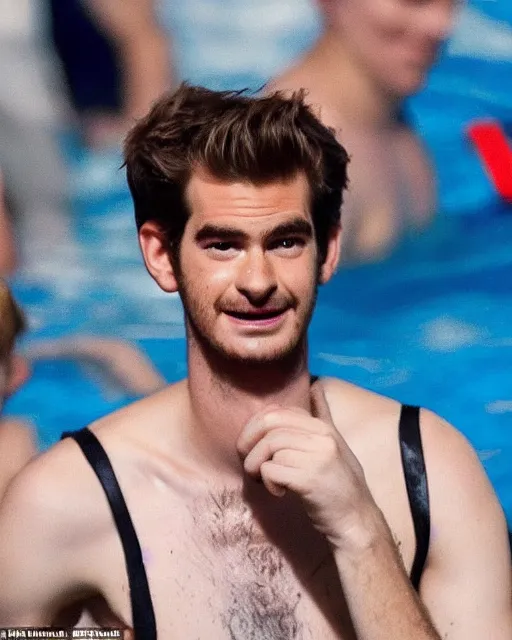 Image similar to a cursed image of andrew garfield seen from a distance in a dark, empty swimming pool with water slides, really scary, looking this way.