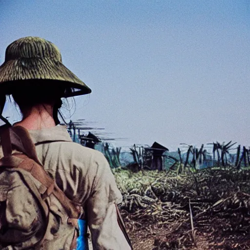 Prompt: film still, far view, landscape, emma watson soldier portrait close up in foreground, burning vietnam village, kodak ektachrome, blue tint expired film,