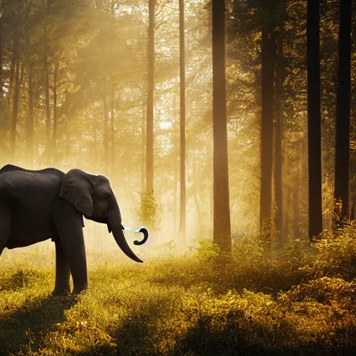 Prompt: A portrait of an elephant in a forest, natural lighting, sunbeams, golden hour, misty atmospherics