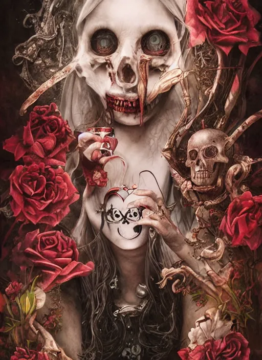 Image similar to Queen of Hearts drinking tea with Alice in wonderland,death tarot card,highly detailed,half skull face,cinematic,8k,by Stanley Artgermm,Tom Bagshaw,Greg Rutkowski,Carne Griffiths, Ayami Kojima, Beksinski, Giger,trending on DeviantArt,hyper detailed,horror, full of colour