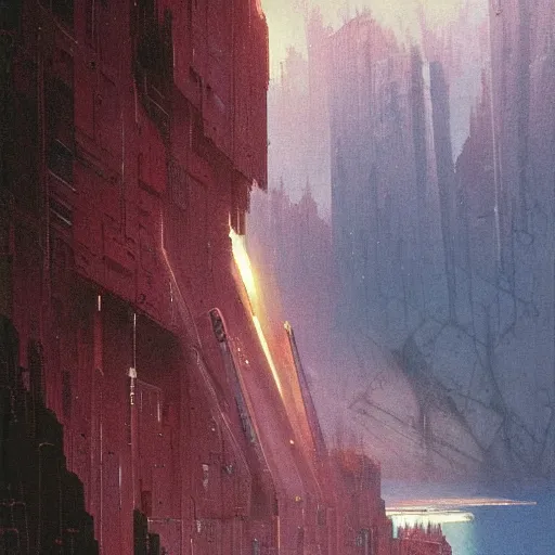 Image similar to view from a plain of a black arcology driven like a spear into the glacier, rust-colored waterfalls pouring from its upper balconies, blue radiation glow beneath, science fiction concept art by Greg Rutkowski and Moebius and Beksinski and Le Corbusier