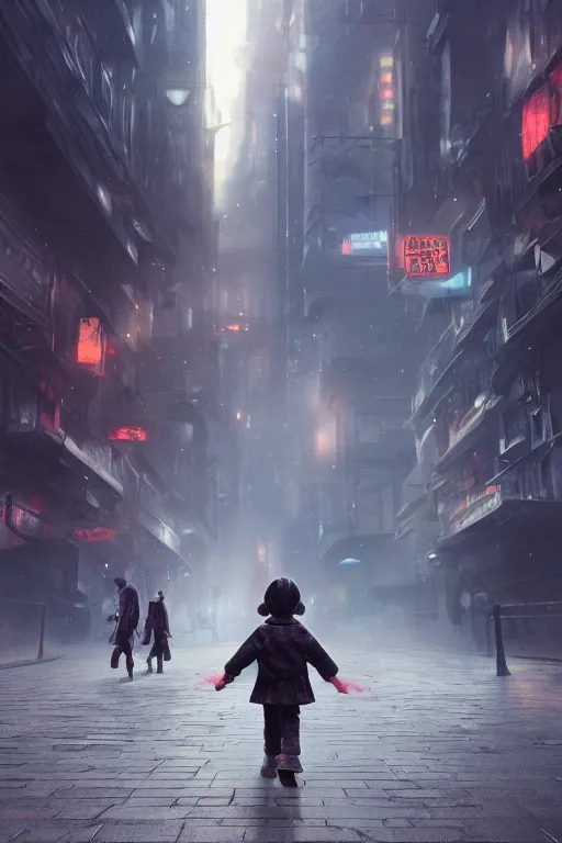 Image similar to a portrait of a small person wearing a cloke in the middle foreground walking in the street of a sci-fi city by Greg Rutkowski, Sung Choi, Mitchell Mohrhauser, Maciej Kuciara, Johnson Ting, Maxim Verehin, Peter Konig, final fantasy , mythical, 8k photorealistic, cinematic lighting, HD, high details, atmospheric,