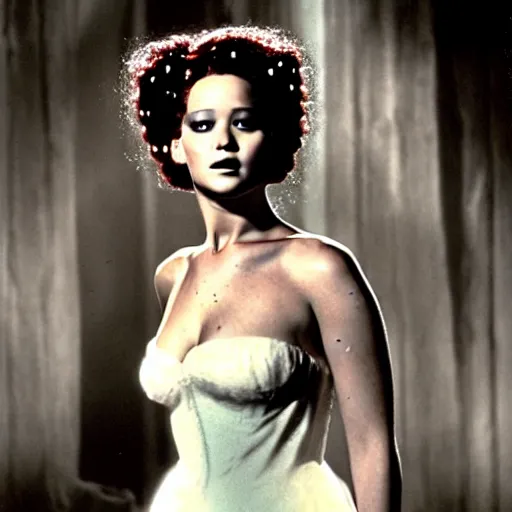 Image similar to jennifer lawrence, color photography, sharp detail, still from the movie bride of frankenstein