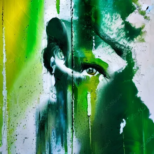 Image similar to dripping different shades of green paint across the abstract figure , heroic pose ,realistic , high detail, on a white background