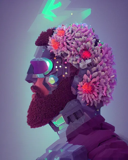 Image similar to a realistic ultradetailed digital painting of a man with flowers in his beard, profile, cyberpunk art by beeple, behance contest winner, retrofuturism, voxel art, # pixelart, dystopian art