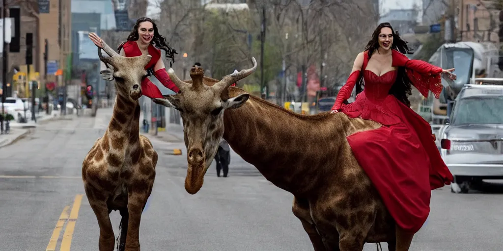 Prompt: gal gadot, in a red victorian era dress, rides on the back of a huge giraffe necked albino elk as it walks thru the deserted streets of downtown cleveland