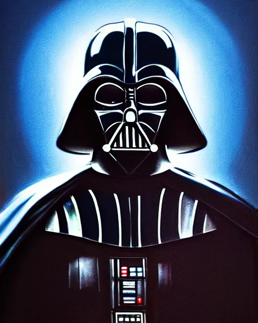 Image similar to enamel painting portrait of darth vader with a halo, coruscant background, high production value, intricate details, high resolution, hdr, high definition, masterpiece, realistic, ultrarealistic, highly detailed, hd, sharp focus, non blurry, sharp, smooth