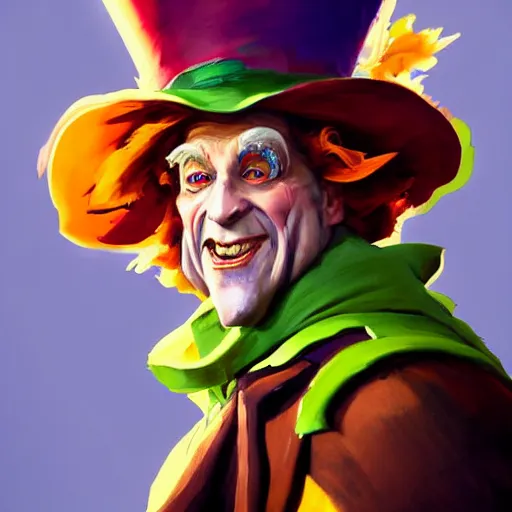 Image similar to greg manchess portrait painting of partially armored mad hatter from alice in wonderland as overwatch character, wacky, medium shot, asymmetrical, profile picture, organic painting, sunny day, matte painting, bold shapes, hard edges, street art, trending on artstation, by huang guangjian and gil elvgren and jesper ejsing