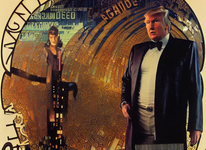 Image similar to film still donald trump wearing leather coat as a detective in blade runner, 8 k by alphonse mucha