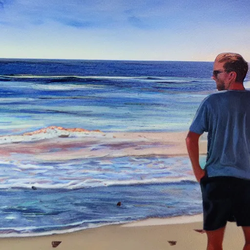 Image similar to a man named Luke harrington who lives on Ocracoke island staring at the ocean, photorealistic