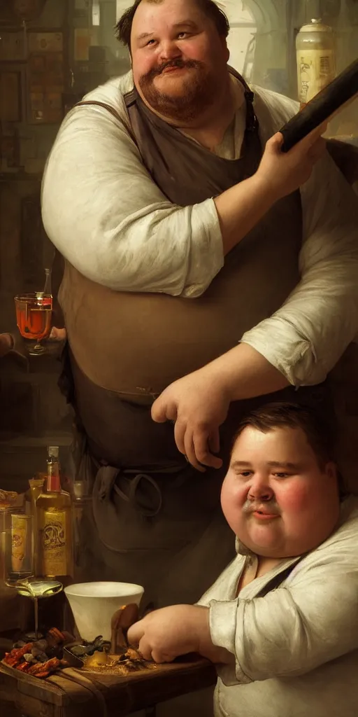 Prompt: portrait of a fat tavern ownler with dirty apron by Edgar Maxence and Ross Tran and Michael Whelan, 8k, octane render