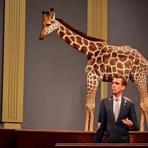 Image similar to a giraffe with a tie and pants on the spanish congressional stage