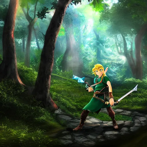 Image similar to link from zelda in a fantasy forest, matte painting, anime style, landscape, trending on art station