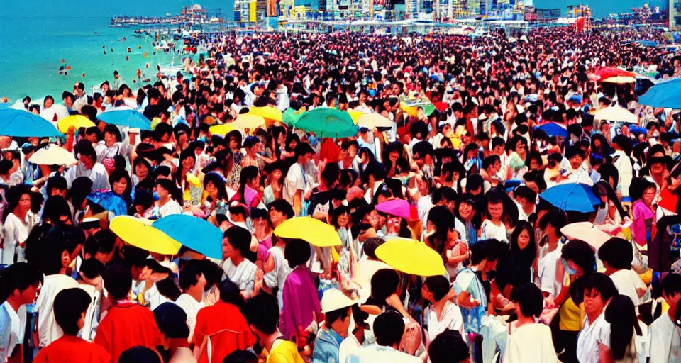 Prompt: 90s Japan, Professional photograph, bright colors, crowded beach, summer.