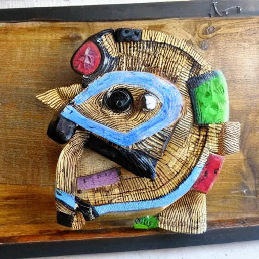 Prompt: original art object, table top unique decor, handmade craft, one of a kind art, outsider art brut, animal art sculpture, funny animal