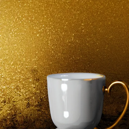 Image similar to cup of steaming coffee, ornate kinatsugi, baroque, gold dust, marble background, dark-brown, gold cracks, silver, highly detailed porcelain, glazed, volumetric dust rays, dark, intricate detail, ultra realistic, dramatic lighting, wet, shiny, unreal engine 5, hyper realistic, octane render, 8k