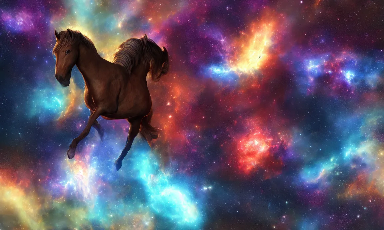 Prompt: 3 d rendering of a cosmic nebula in the shape of a horse, octane 3 d, insane details, super sharp focus, vray render, octane render, wallpaper art, smooth, 8 k, 1 6 k, artstation
